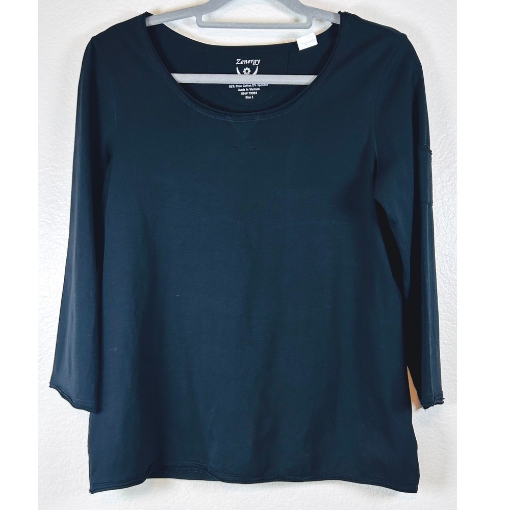 Zenergy by Chicos Black Pima Cotton Spandex 3/4 Sleeve Top Size 1 Scoop Neck